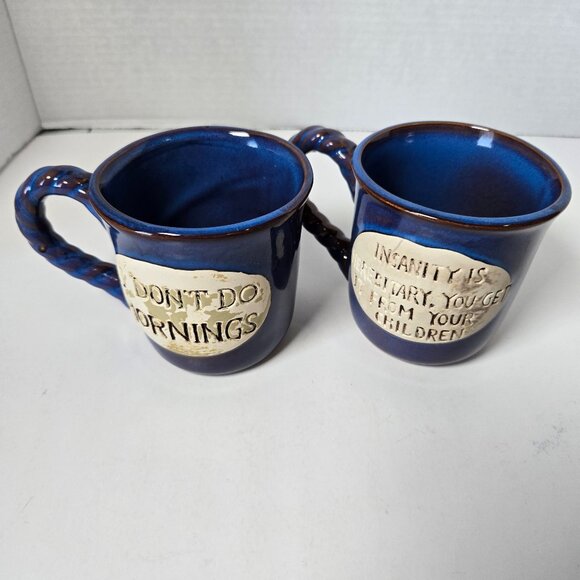 2 Blue Glazed Mugs With Sayings. - Picture 1 of 5